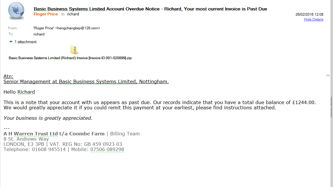 Example of an email with a virus attachment