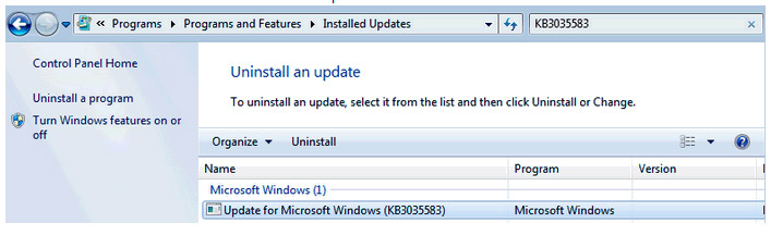 Remove Windows 10 - unistall update KB3035583